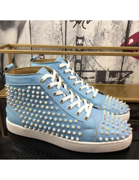 Discount Christian Louboutin Louis Spikes High-Top Sneakers Calf Leather Light Blue Outlet