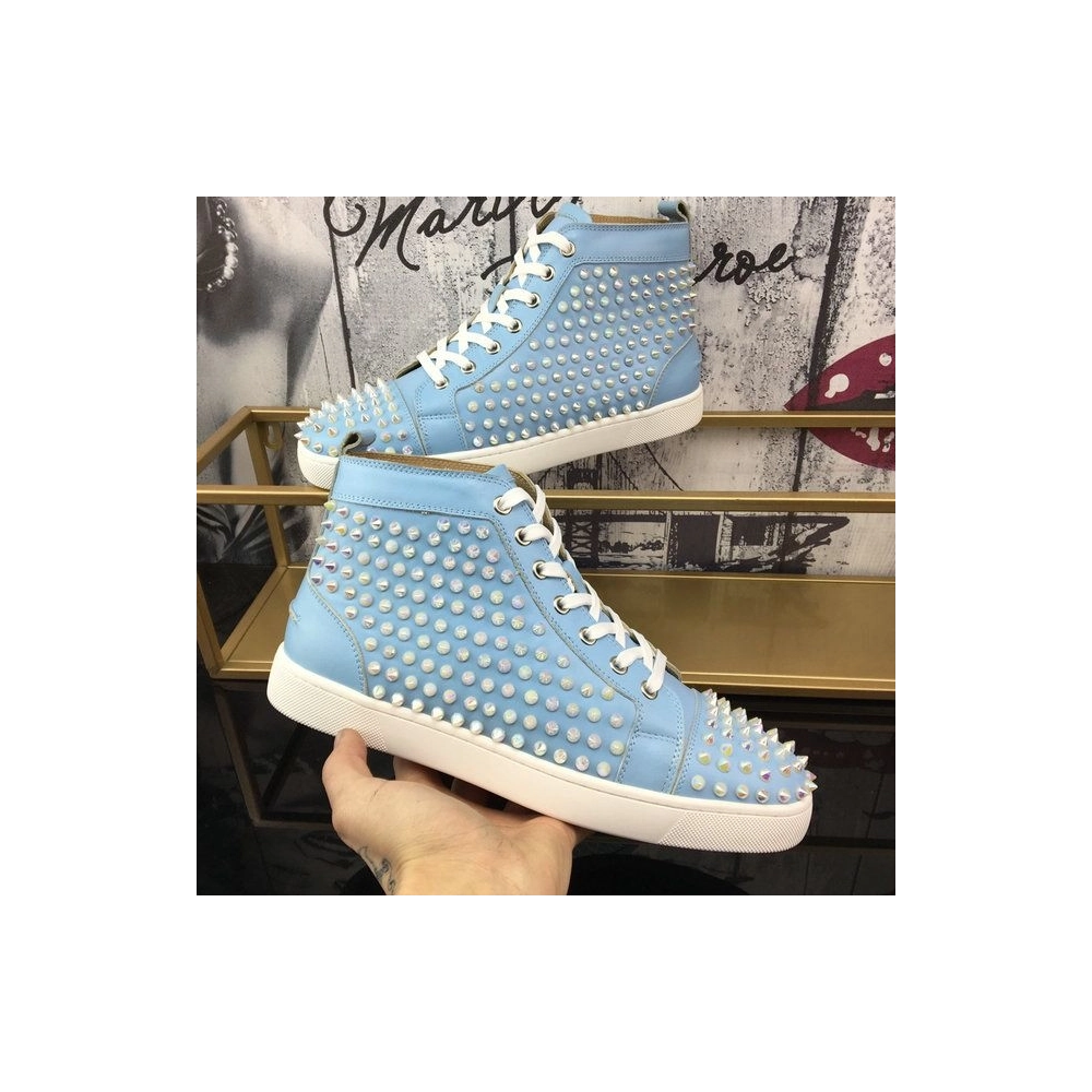 Discount Christian Louboutin Louis Spikes High-Top Sneakers Calf Leather Light Blue Outlet