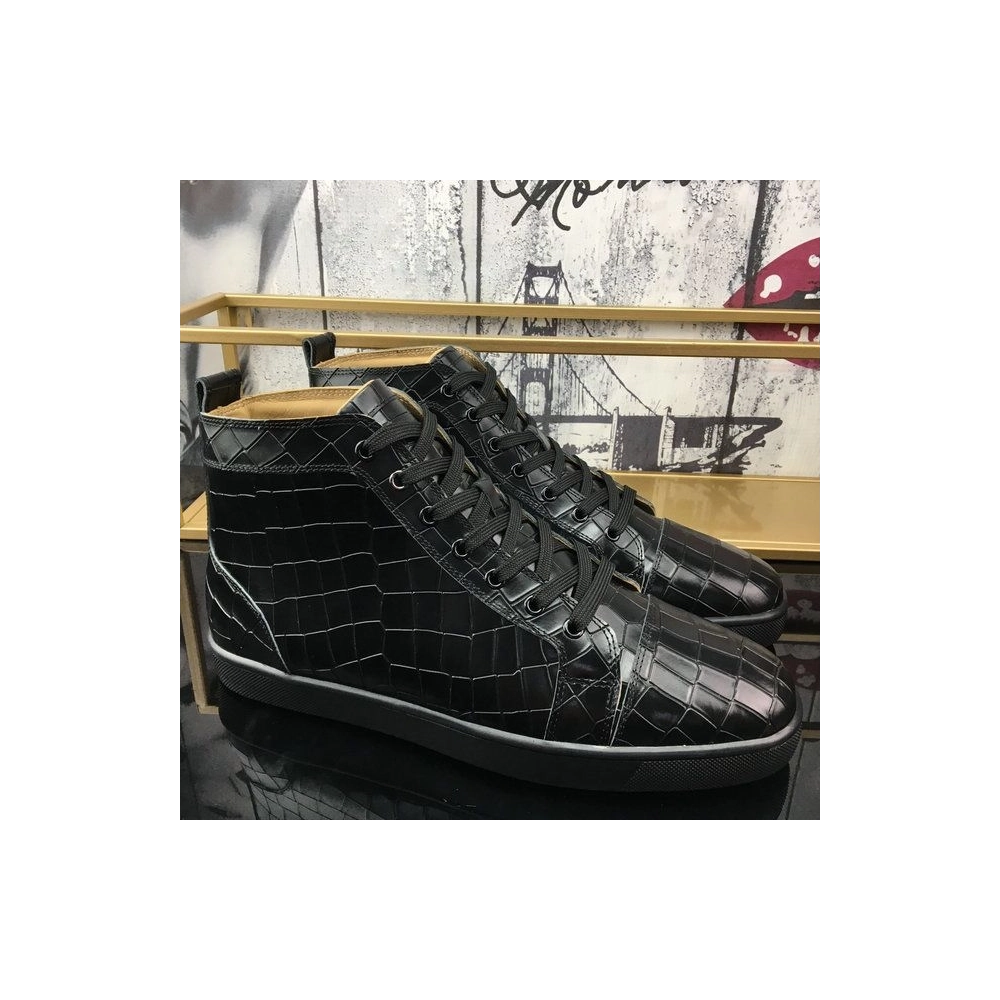 Knockoff Christian Louboutin Louis Flat High-Top Sneakers Crocodile Embossed Leather Black