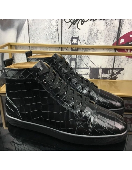 Knockoff Christian Louboutin Louis Flat High-Top Sneakers Crocodile Embossed Leather Black