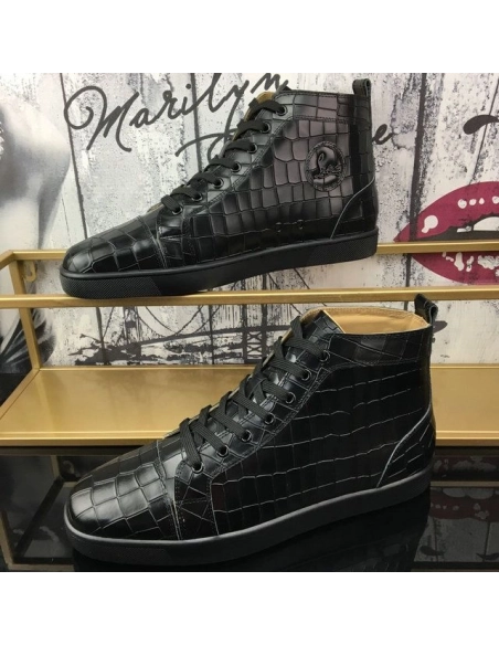 Knockoff Christian Louboutin Louis Flat High-Top Sneakers Crocodile Embossed Leather Black
