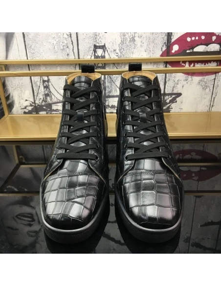 Knockoff Christian Louboutin Louis Flat High-Top Sneakers Crocodile Embossed Leather Black