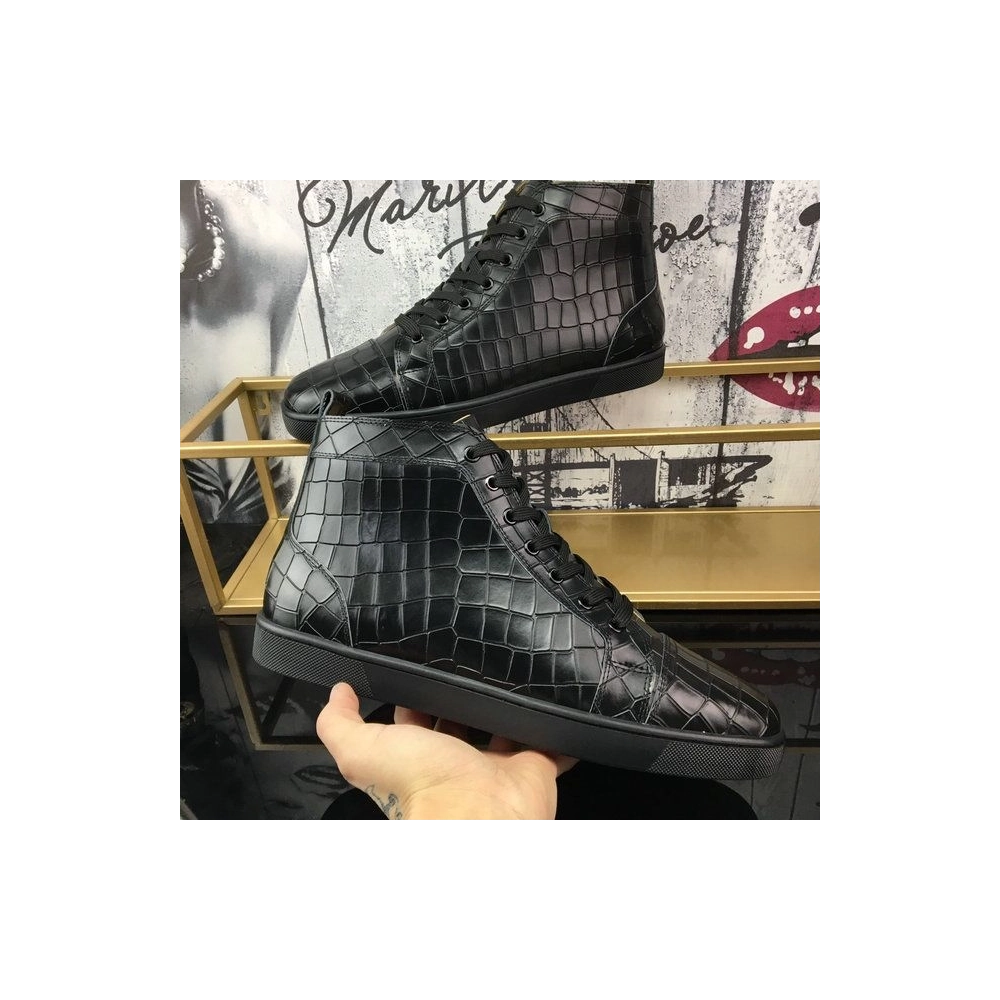 Knockoff Christian Louboutin Louis Flat High-Top Sneakers Crocodile Embossed Leather Black