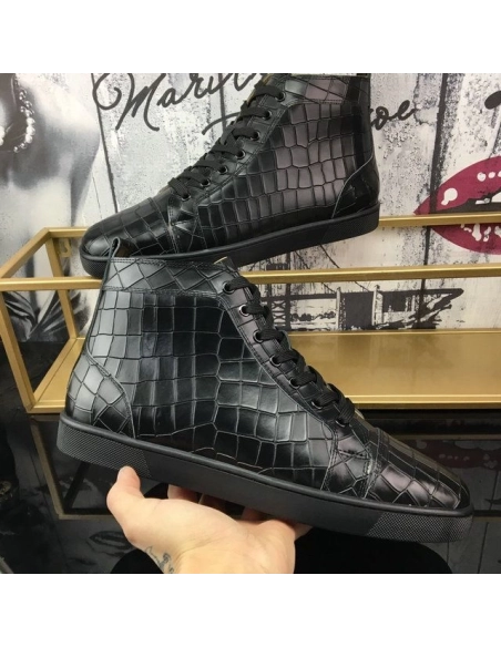 Knockoff Christian Louboutin Louis Flat High-Top Sneakers Crocodile Embossed Leather Black