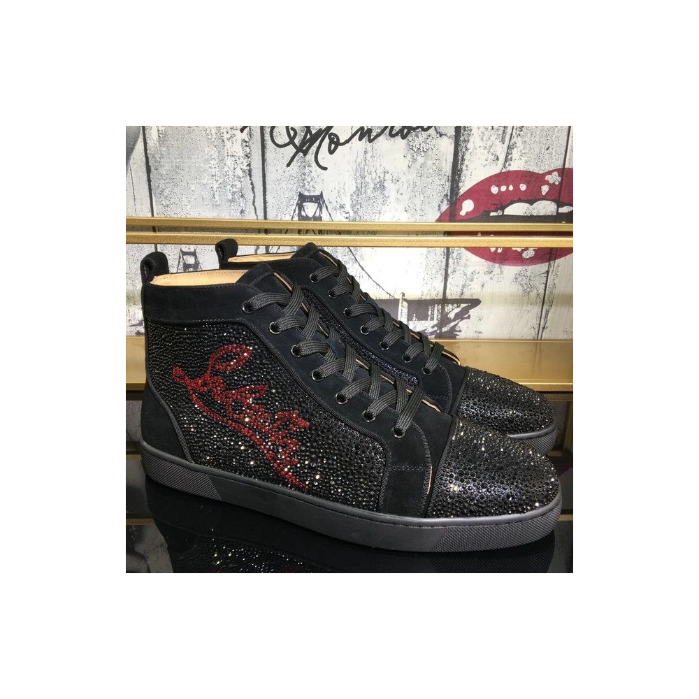 Cheap Christian Louboutin Louis Strass High-Top Sneakers Suede Logo Rhinestones Embellishment Black
