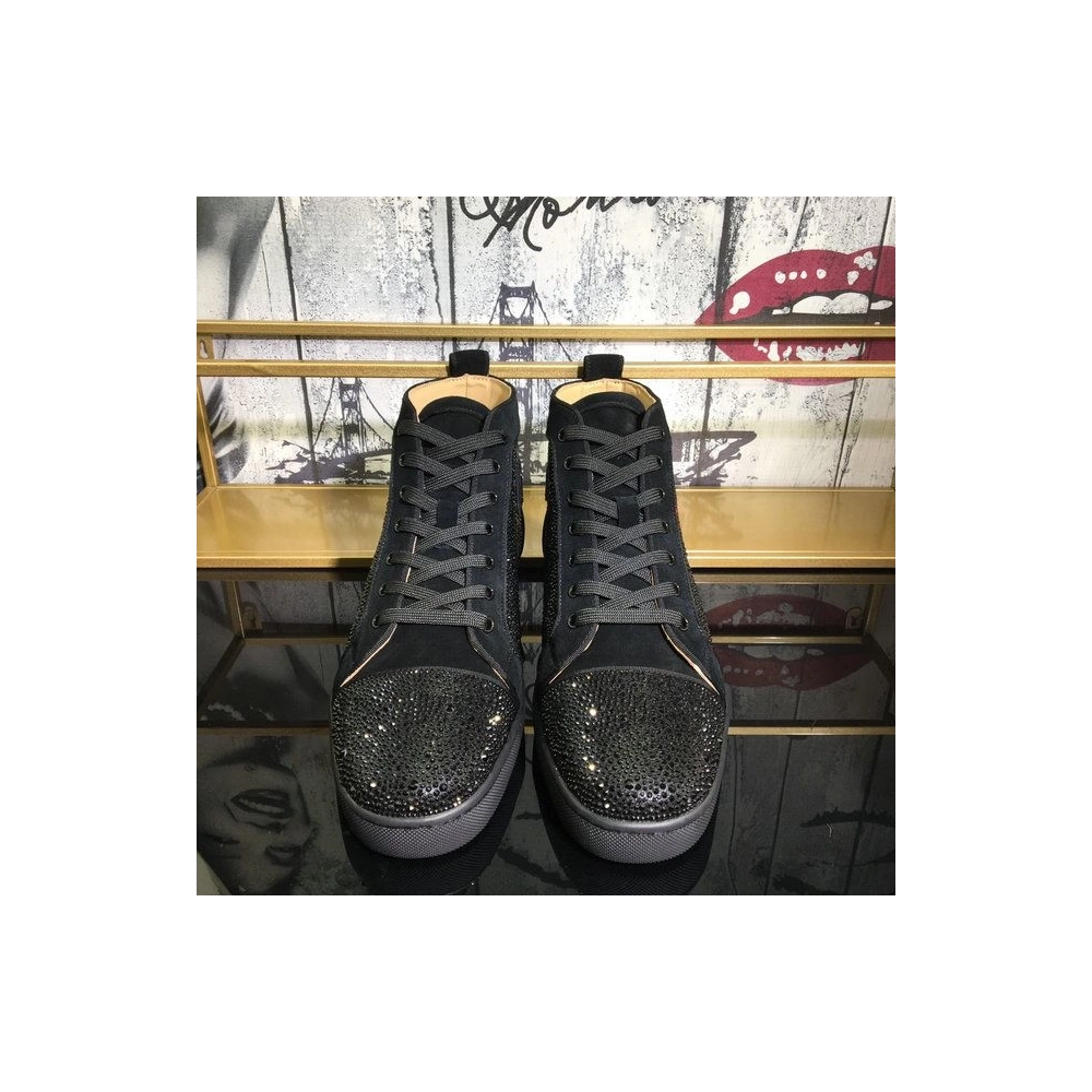 Cheap Christian Louboutin Louis Strass High-Top Sneakers Suede Logo Rhinestones Embellishment Black
