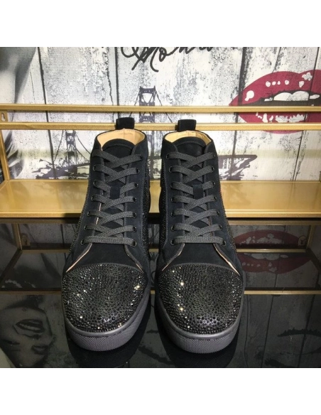 Cheap Christian Louboutin Louis Strass High-Top Sneakers Suede Logo Rhinestones Embellishment Black