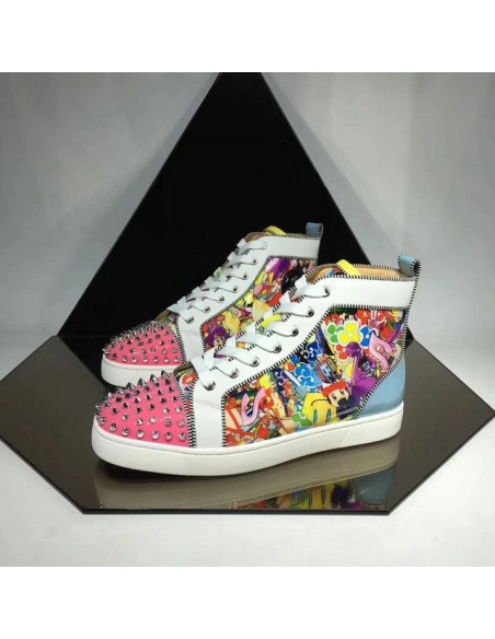Cheap Christian Louboutin Louis Spikes Orlato High-Top Sneakers Calf and Patent Leather Multi for Sale