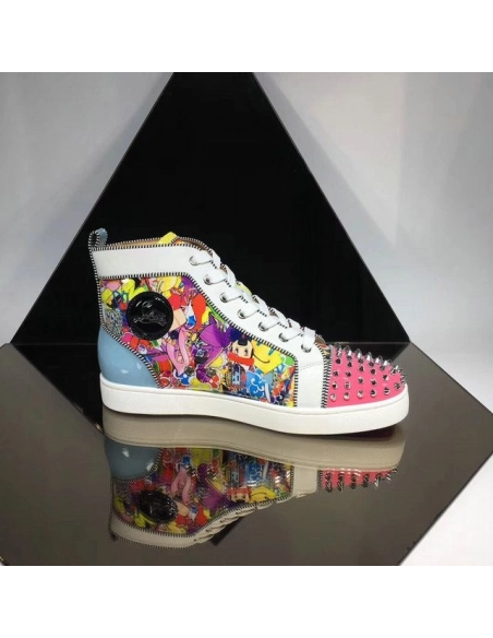 Cheap Christian Louboutin Louis Spikes Orlato High-Top Sneakers Calf and Patent Leather Multi for Sale