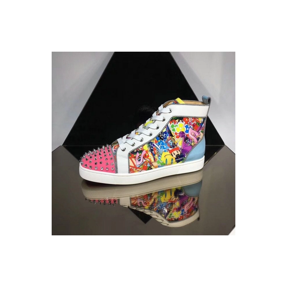 Cheap Christian Louboutin Louis Spikes Orlato High-Top Sneakers Calf and Patent Leather Multi for Sale