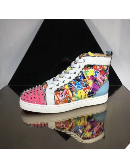 Cheap Christian Louboutin Louis Spikes Orlato High-Top Sneakers Calf and Patent Leather Multi for Sale