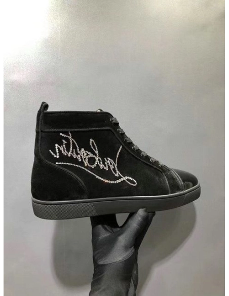 Christian Louboutin Louis Strass Flat High-top Sneakers Suede and Patent Leather Black Outlet Sale
