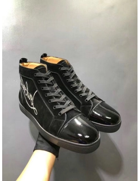 Christian Louboutin Louis Strass Flat High-top Sneakers Suede and Patent Leather Black Outlet Sale