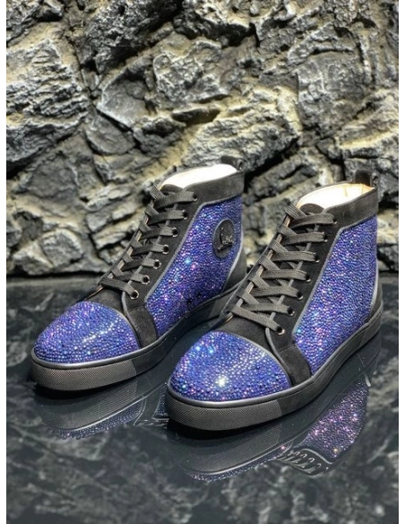 Discount Christian Louboutin Louis Strass High-top Sneakers Suede Black Blue Outlet Online