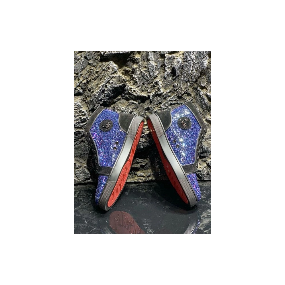 Discount Christian Louboutin Louis Strass High-top Sneakers Suede Black Blue Outlet Online
