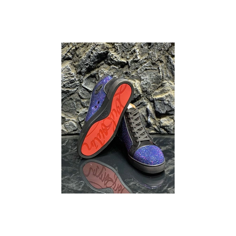 Discount Christian Louboutin Louis Strass High-top Sneakers Suede Black Blue Outlet Online