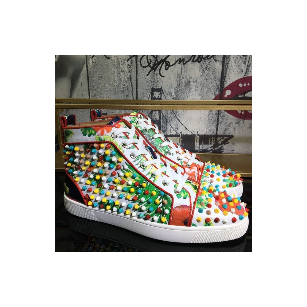 Fake Christian Louboutin Louis Orlato Spikes Men Sneakers Crackled Calfskin Hawaii Print Multicolor