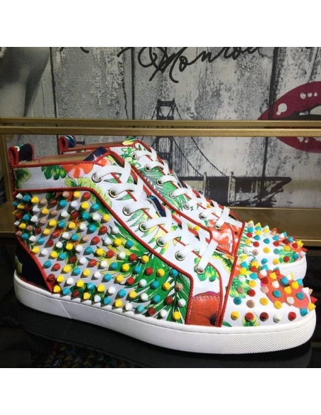 Fake Christian Louboutin Louis Orlato Spikes Men Sneakers Crackled Calfskin Hawaii Print Multicolor