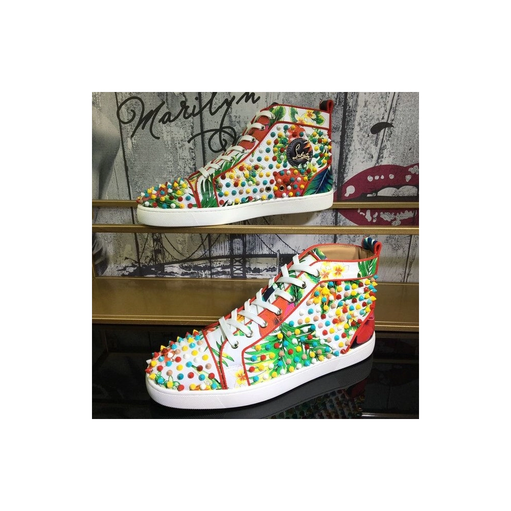 Fake Christian Louboutin Louis Orlato Spikes Men Sneakers Crackled Calfskin Hawaii Print Multicolor