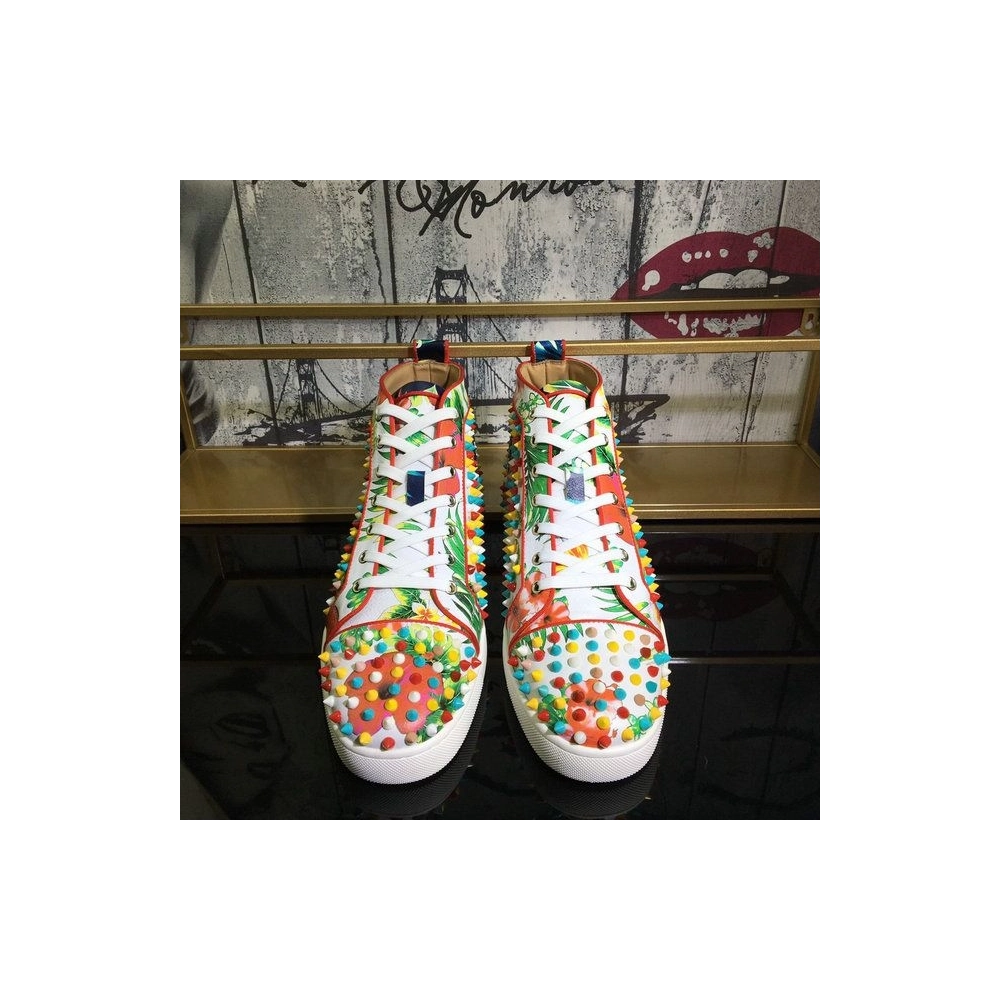 Fake Christian Louboutin Louis Orlato Spikes Men Sneakers Crackled Calfskin Hawaii Print Multicolor