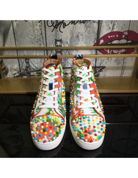 Fake Christian Louboutin Louis Orlato Spikes Men Sneakers Crackled Calfskin Hawaii Print Multicolor