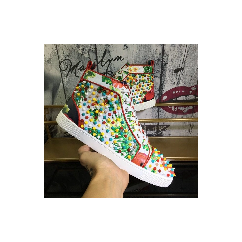 Fake Christian Louboutin Louis Orlato Spikes Men Sneakers Crackled Calfskin Hawaii Print Multicolor