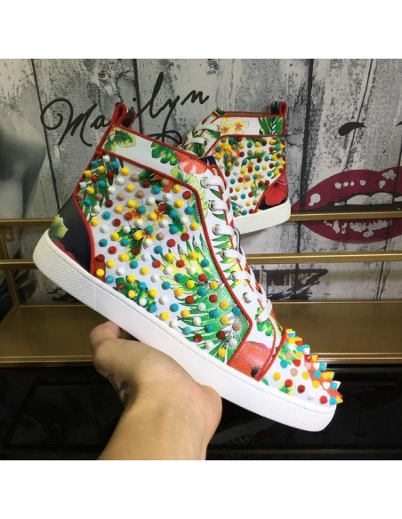 Fake Christian Louboutin Louis Orlato Spikes Men Sneakers Crackled Calfskin Hawaii Print Multicolor