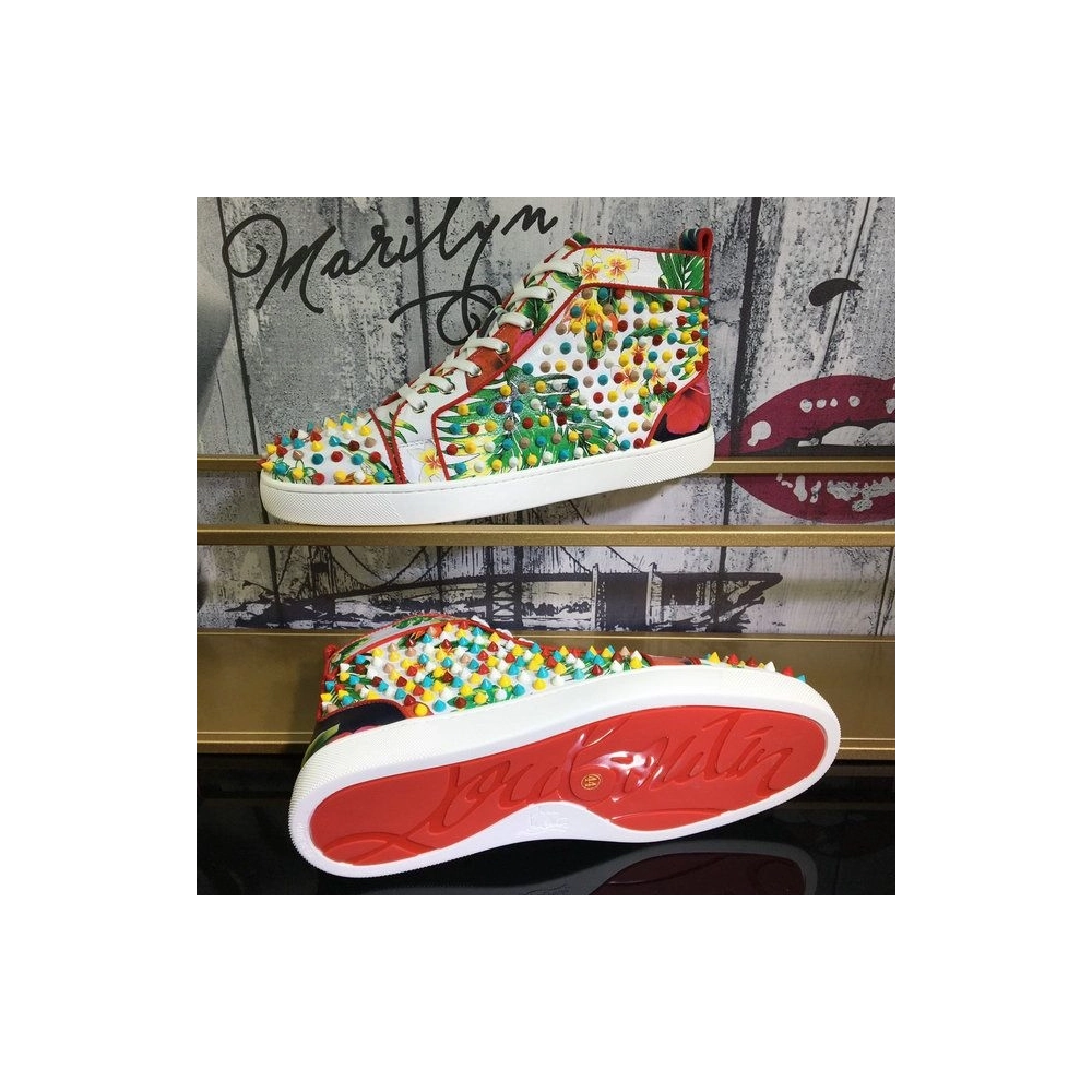 Fake Christian Louboutin Louis Orlato Spikes Men Sneakers Crackled Calfskin Hawaii Print Multicolor