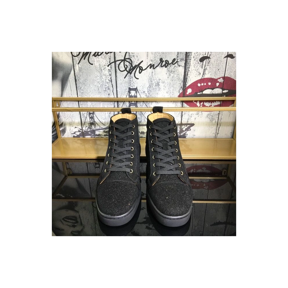 Fake Christian Louboutin Louis Strass High-Top Men Sneakers Veau Velours All Black