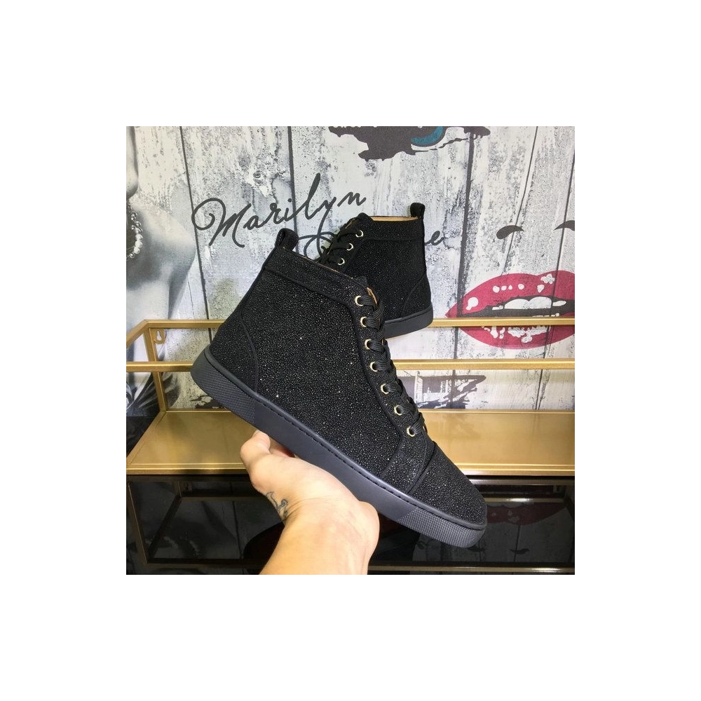 Fake Christian Louboutin Louis Strass High-Top Men Sneakers Veau Velours All Black