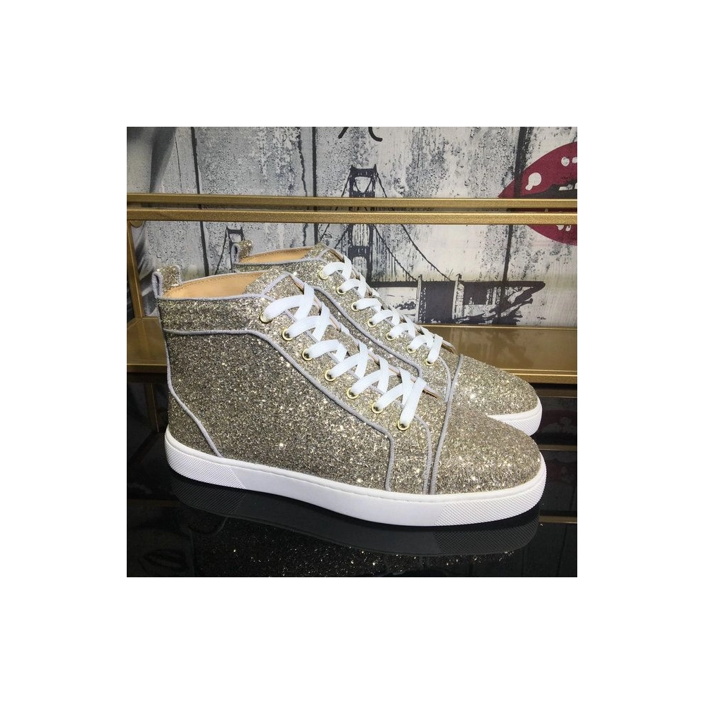 Fake Christian Louboutin Louis Orlato Flat High-Top Sneakers Glitter Fabric Gold