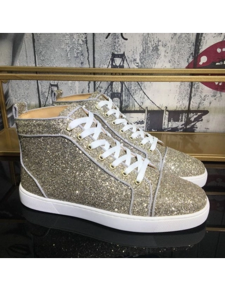 Fake Christian Louboutin Louis Orlato Flat High-Top Sneakers Glitter Fabric Gold