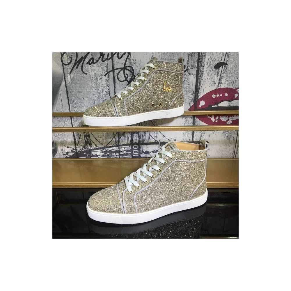 Fake Christian Louboutin Louis Orlato Flat High-Top Sneakers Glitter Fabric Gold