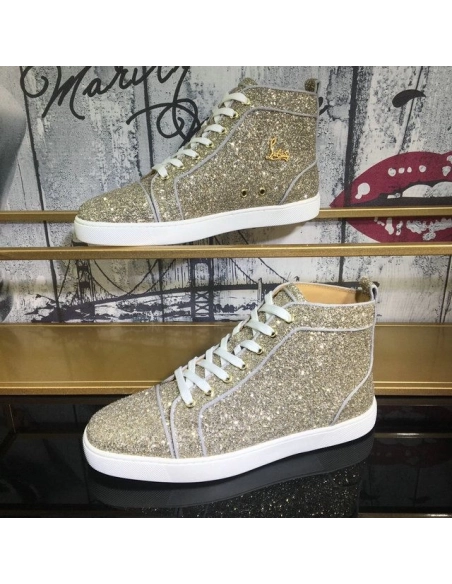 Fake Christian Louboutin Louis Orlato Flat High-Top Sneakers Glitter Fabric Gold