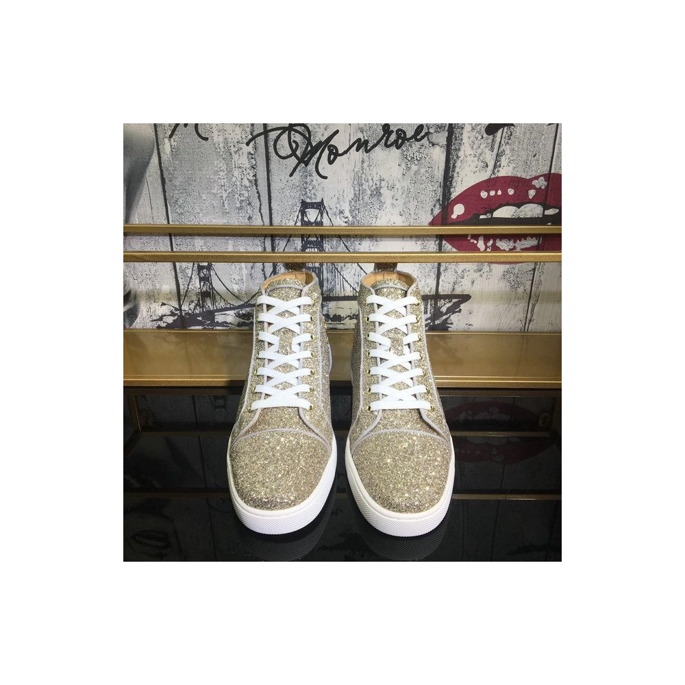 Fake Christian Louboutin Louis Orlato Flat High-Top Sneakers Glitter Fabric Gold