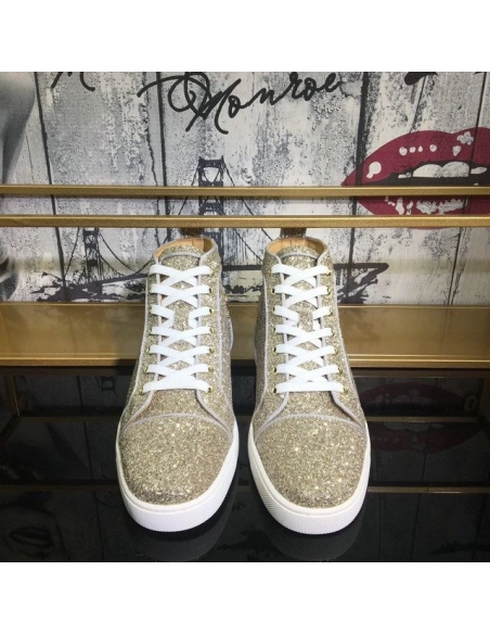 Fake Christian Louboutin Louis Orlato Flat High-Top Sneakers Glitter Fabric Gold