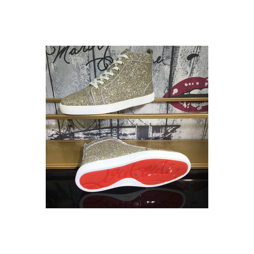 Fake Christian Louboutin Louis Orlato Flat High-Top Sneakers Glitter Fabric Gold