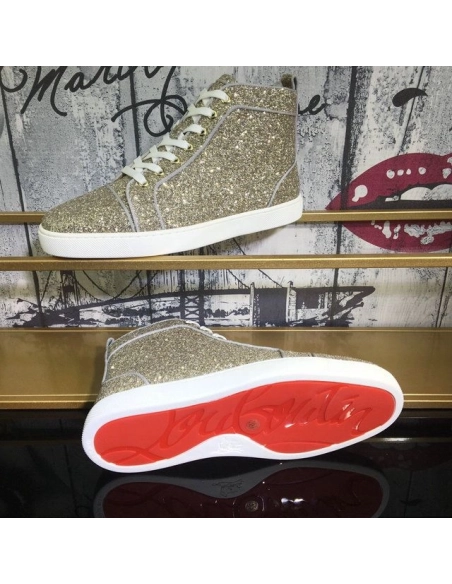Fake Christian Louboutin Louis Orlato Flat High-Top Sneakers Glitter Fabric Gold