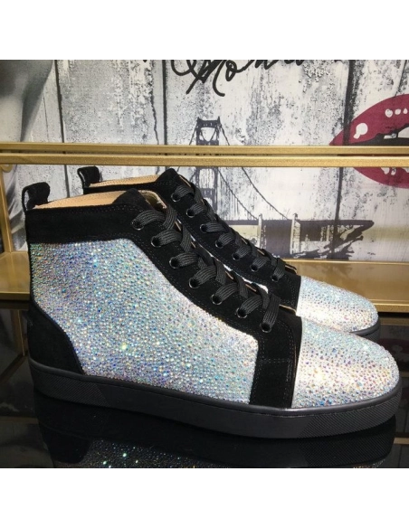 Replica Christian Louboutin Louis Strass High-Top Sneakers Veau Velours Black