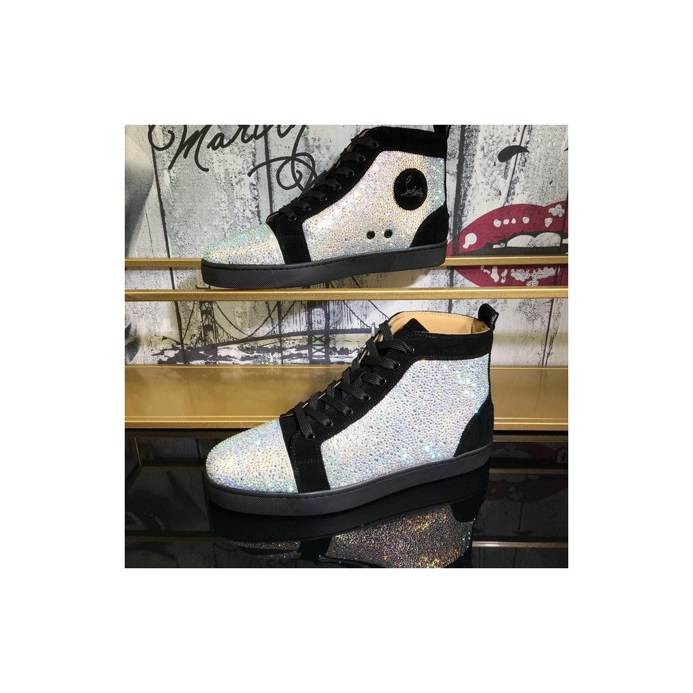 Replica Christian Louboutin Louis Strass High-Top Sneakers Veau Velours Black