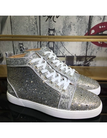 Fake Christian Louboutin Louis Strass High-Top Sneakers Suede and Glitter Leather Silver