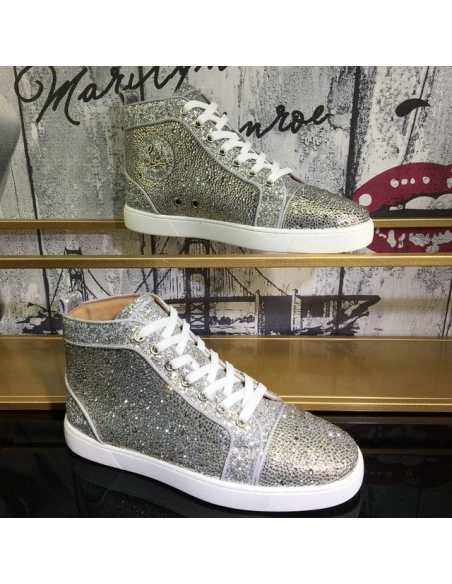 Fake Christian Louboutin Louis Strass High-Top Sneakers Suede and Glitter Leather Silver
