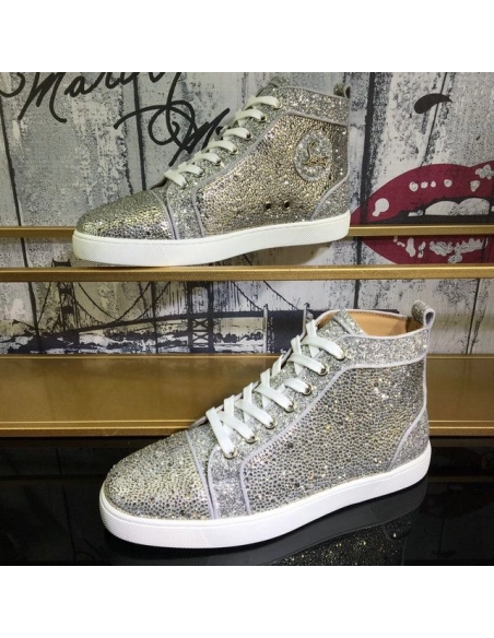 Fake Christian Louboutin Louis Strass High-Top Sneakers Suede and Glitter Leather Silver