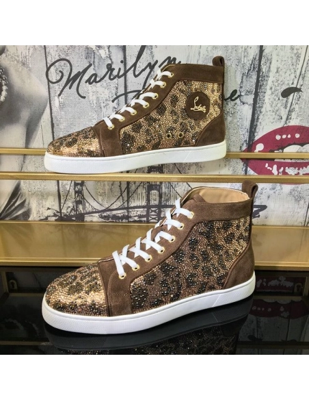 Cheap Christian Louboutin Louis Strass High-Top Sneakers Suede Leather Version Moka