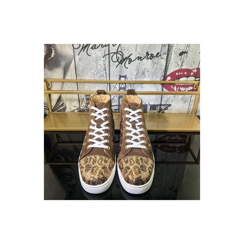 Cheap Christian Louboutin Louis Strass High-Top Sneakers Suede Leather Version Moka