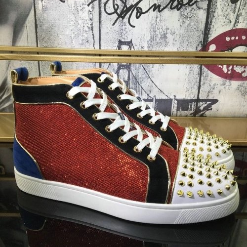 Knockoff Christian Louboutin Louis Spikes High-Top Sneakers Suede and Glitter Leather Multicolor