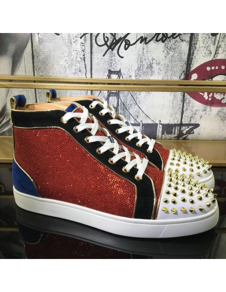 Knockoff Christian Louboutin Louis Spikes High-Top Sneakers Suede and Glitter Leather Multicolor
