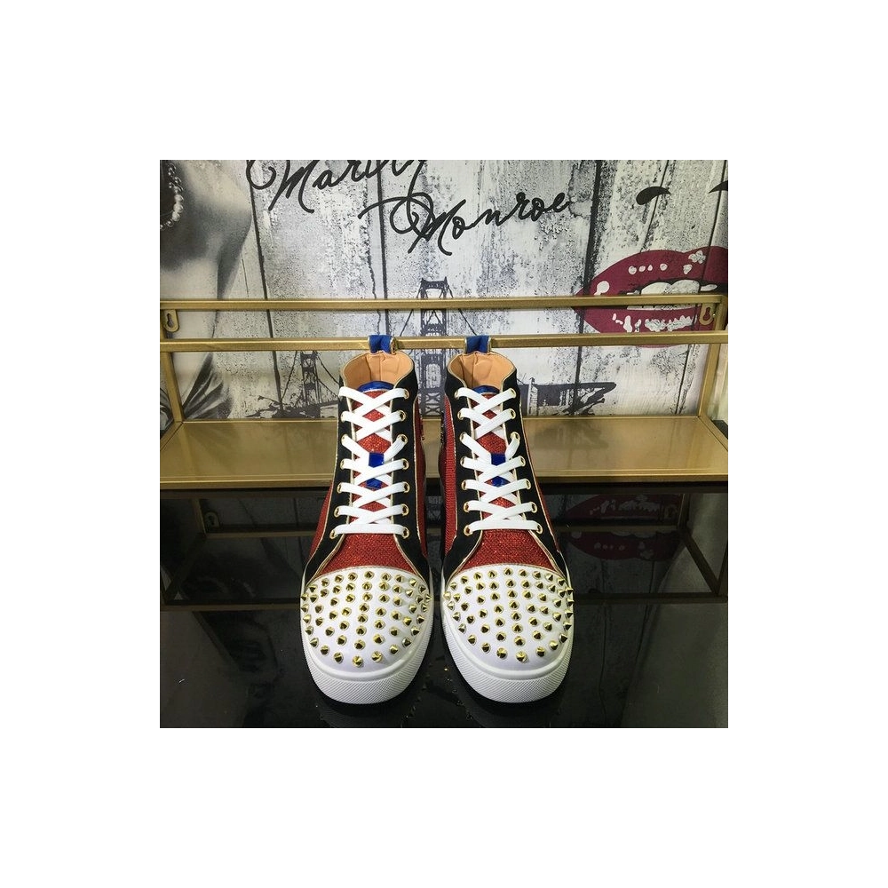 Knockoff Christian Louboutin Louis Spikes High-Top Sneakers Suede and Glitter Leather Multicolor