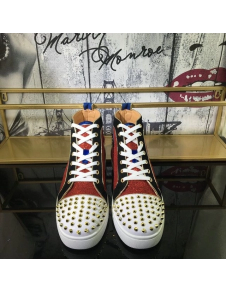 Knockoff Christian Louboutin Louis Spikes High-Top Sneakers Suede and Glitter Leather Multicolor