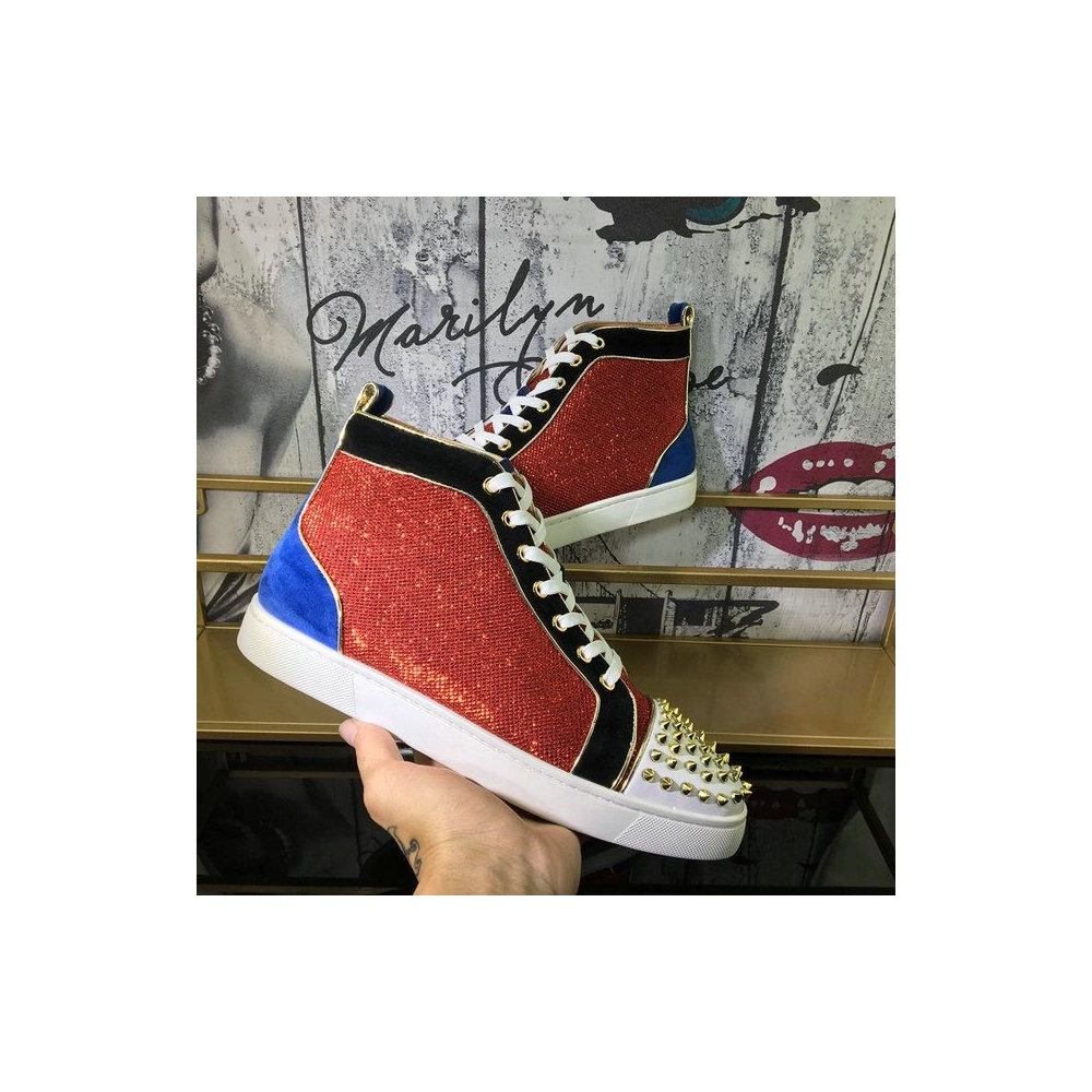 Knockoff Christian Louboutin Louis Spikes High-Top Sneakers Suede and Glitter Leather Multicolor